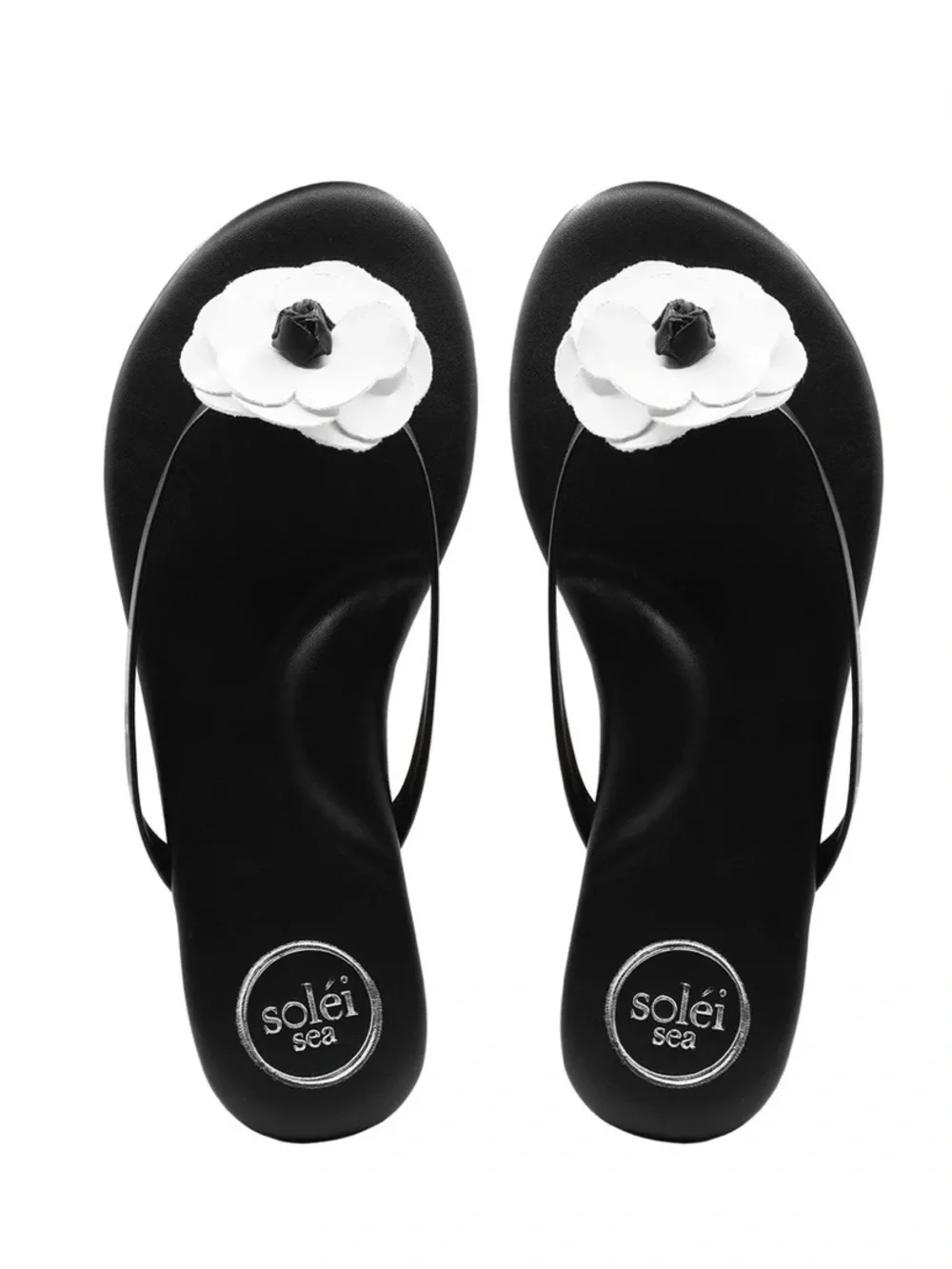 Solei Sea Valentina Black Flip Flops / Sandals with White Flower Accent